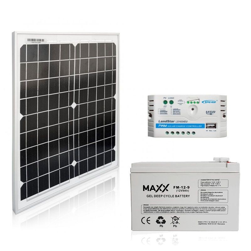 Zestaw PV: Panel 20W Maxx + Regulator 5A + Aku. 9Ah