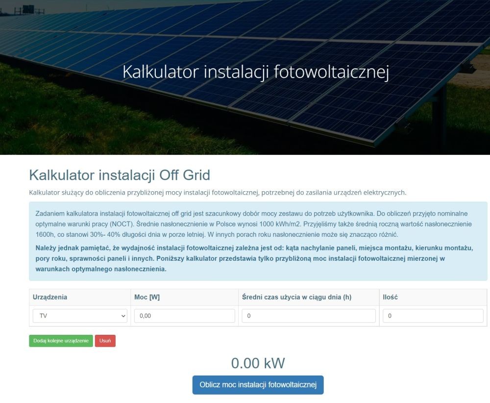 Kalkulator instalacji fotowoltaicznej Off-Grid